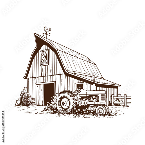 Rustic barn with tractor and weather vane