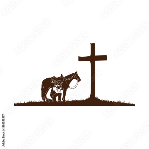 Fotografia Man kneeling beside horse near cross in the field
