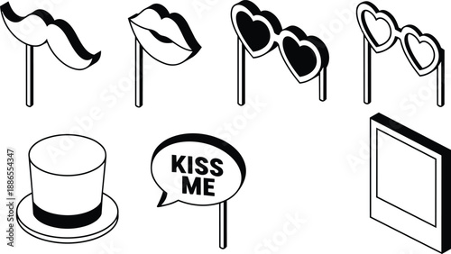 Isometric black and white photo booth props set with mustache lips heart glasses on sticks top hat kiss me speech bubble and polaroid frame vector icons