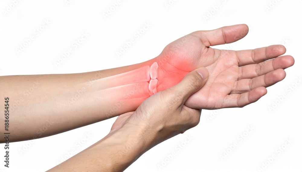 Fototapeta premium Two hands against white background, one gripping wrist with red highlight indicating pain or inflammation