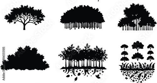 Silhouette tree and forest vector set showing six unique canopy shapes with root cross section ground elements isolated on white background flat design scalable icon pack