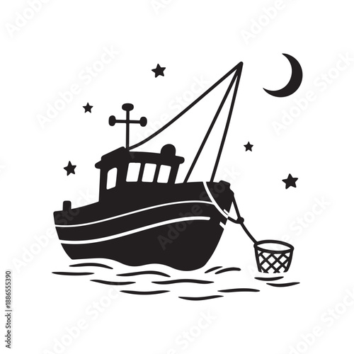 Silhouette Of A Fishing Trawler Boat At Sea Under Night Stars And Moon.