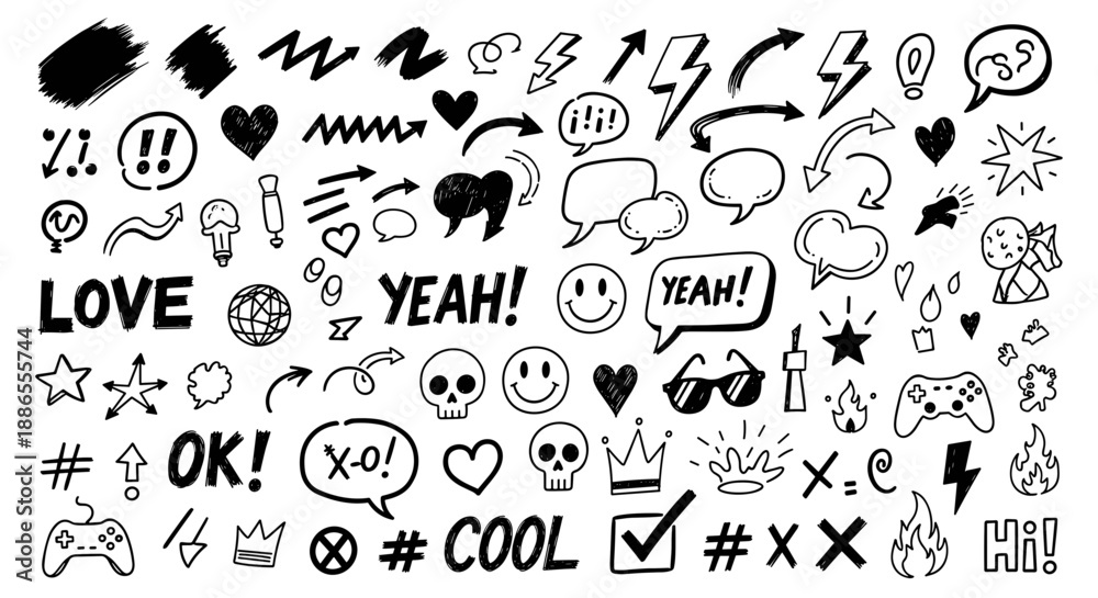 Fototapeta premium Hand-Drawn Doodle Emoji Set – Fun Sketch Icons, Expressions, Symbols & Sayings