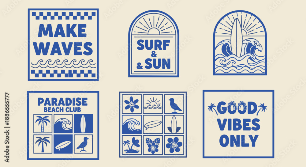 Fototapeta premium Retro Surf Poster Clipart Set – Vintage Beach, Sun & Ocean Typography Graphics