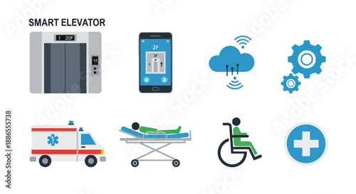 Smart Elevator Technology and Healthcare Icons.