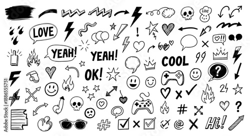 Hand-Drawn Doodle Emoji Set – Fun Sketch Icons, Expressions, Symbols & Sayings