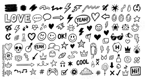 Hand-Drawn Doodle Emoji Set – Fun Sketch Icons, Expressions, Symbols & Sayings
