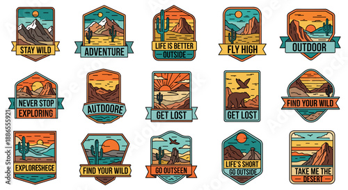 Vintage Outdoor Adventure Badge Set – Retro Hiking, Camping & Desert Patch Clipart