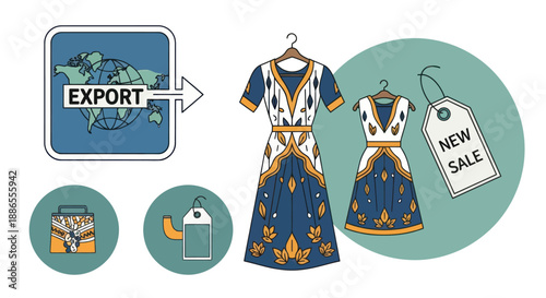 Fashion Export and New Sale of Ornate Dresses with Price Tags.