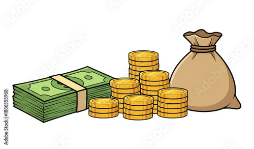 Savings and income concept cartoon vector with cash and gold coins