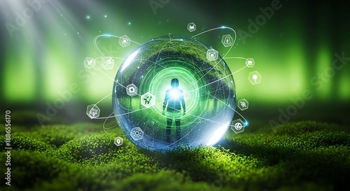 Digital human silhouette in a glowing protective sphere of technology and nature icons, symbolizing eco-friendly future and sustainability.