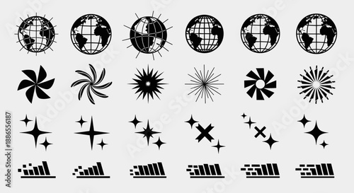 Y2K Globe & Sparkle Icon Set – Retro Futuristic Symbols & Aesthetic Elements