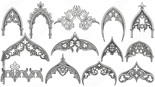 Gothic Architectural Elements Ornate Decorative Designs.