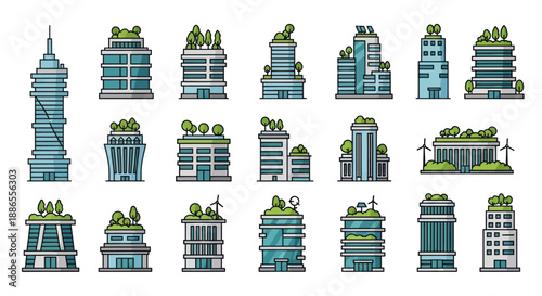 Diverse collection of modern eco-friendly skyscrapers and buildings with green roofs and wind turbines.