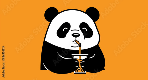Cartoon panda drinking beverage on orange