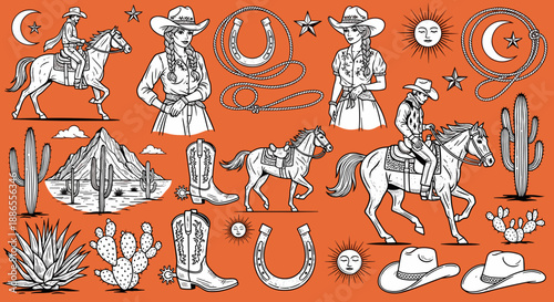 Western Cowboy Seamless Pattern – Vintage Rodeo Horse Illustration Background