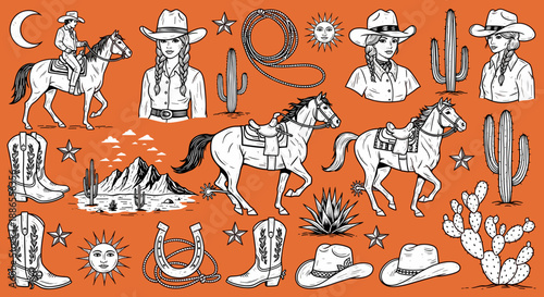 Western Cowboy Seamless Pattern – Vintage Rodeo Horse Illustration Background