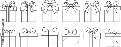 Gift box icon set, ribbon variations, festive packaging, outline style, holiday decoration, birthday present, vector illustration for celebration, party, surprise, design use
