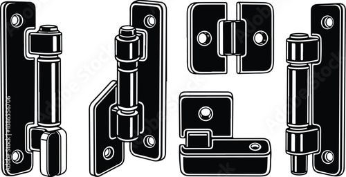Black and white illustration of various door hardware types