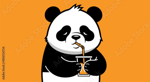 Cartoon panda drinking beverage on orange