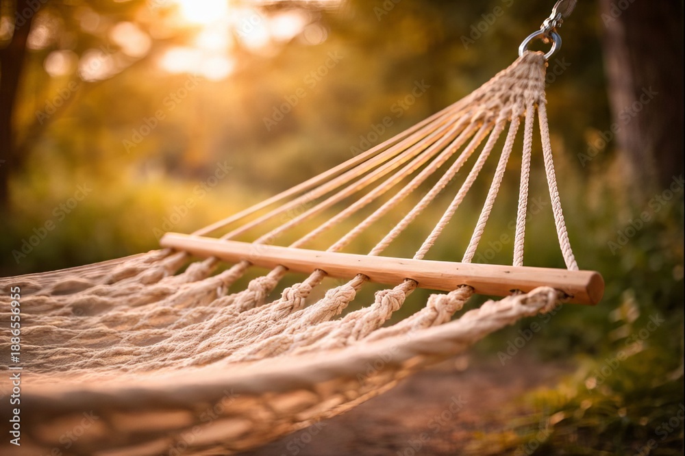 Obraz premium Empty hammock hanging outdoors at sunset, creating a calm and relaxing atmosphere connected to slow living and rest.