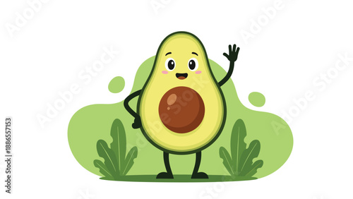 Happy green avocado character with a big seed and a smiling face is standing and waving one hand in a friendly gesture.