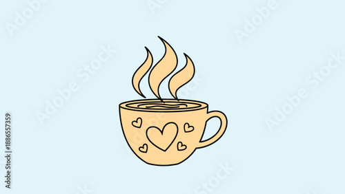 Cozy peach colored cup filled with a hot beverage is steaming and decorated with heart shapes on a light blue background.