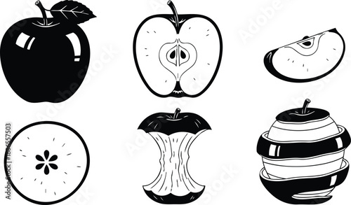 Line art collection of black and white apple icons whole half slice core cross section bitten peeled stacked spiral arrangement clean vector minimalist isolated set flat