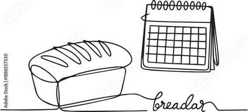 A bread loaf and calendar on table, viewed from side, simple line drawing