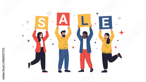 Diverse group of four people happily holding up individual letters that spell SALE for a retail promotion concept.