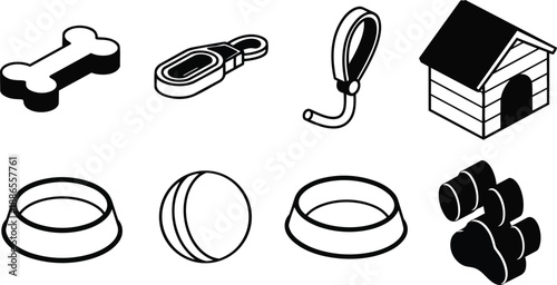 Isometric vector icons set showing bone leash collar dog house food bowls ball and paw print arranged in grid black and white line art minimalist outline