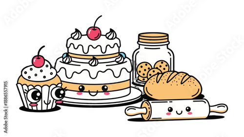Sweet Treat Crew: Whimsical baked good characters line art illustration, complete with cherry-topped cake and cupcake, bread, rolling pin and cookies in jar.