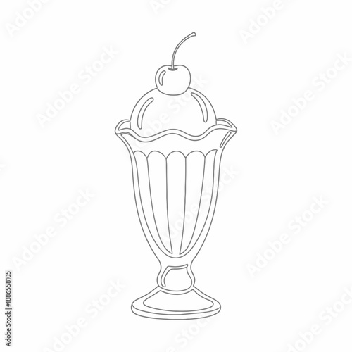 Simple line art illustration of an ice cream sundae in a tall glass, topped with a single cherry, perfect for coloring books or dessert menus.