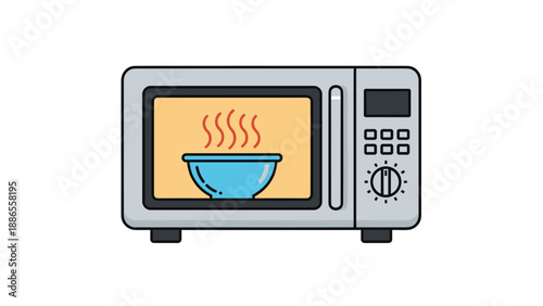 Simple illustration of a grey microwave oven with a blue bowl inside and steam rising against a plain white background.