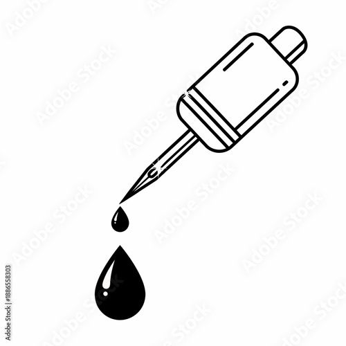 Black and white line art illustration of a dropper releasing a single dark liquid drop, with another drop already fallen below.