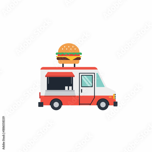 Cartoon illustration of a food truck with a giant burger on its roof, serving fast food in a flat design style.