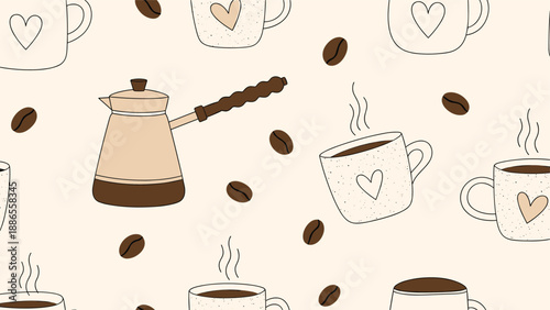 Coffee themed pattern featuring cups with hearts, coffee beans, and a traditional cezve pot on a beige background for cafes.