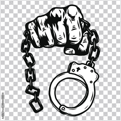 Hand holding broken chain and handcuffs symbolizing freedom and breaking free from oppression or restriction