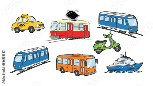 Urban Transport Collection: A vibrant illustrated assembly of various urban transportation modes, showcasing diverse forms of city transit.