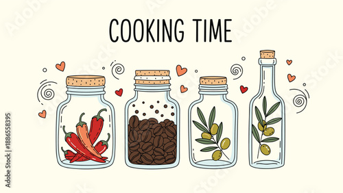 Hand drawn glass jars containing red chili peppers, coffee beans, and olives with the text cooking time and heart icons.