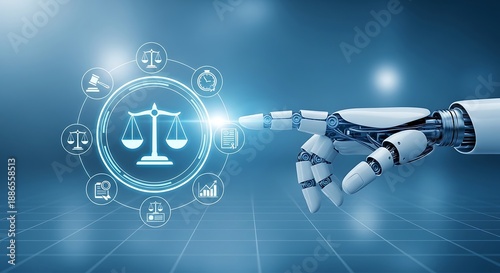 Robot hand points to a digital scale of justice icon within a circular network, representing AI in law and legal technology.