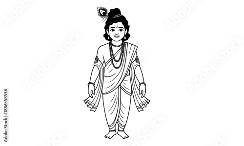 Lord Krishna Little Bal Gopal Line Art, Indian Hindu God Child Avatar Vector, Janmashtami Festival Religious Illustration, Krishna Outline Drawing for Coloring and Design, Isolated on White