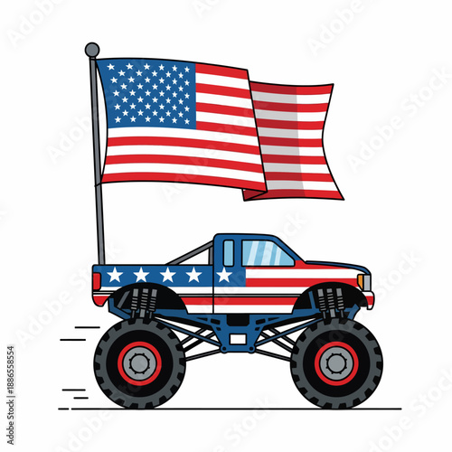 American flag themed monster truck with a large US flag waving on a pole, speeding forward.