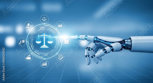 Robot hand points to a digital scale of justice icon within a circular network, representing AI in law and legal technology.