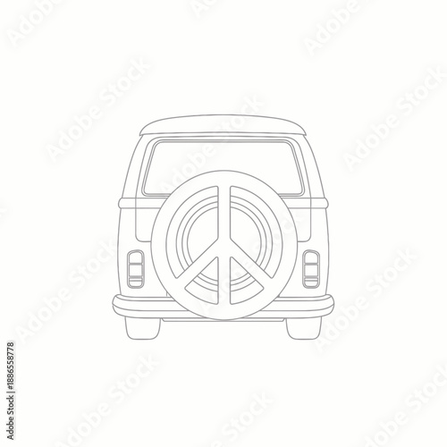 Outline drawing of the rear of a vintage camper van, featuring a large peace symbol on its spare tire cover.