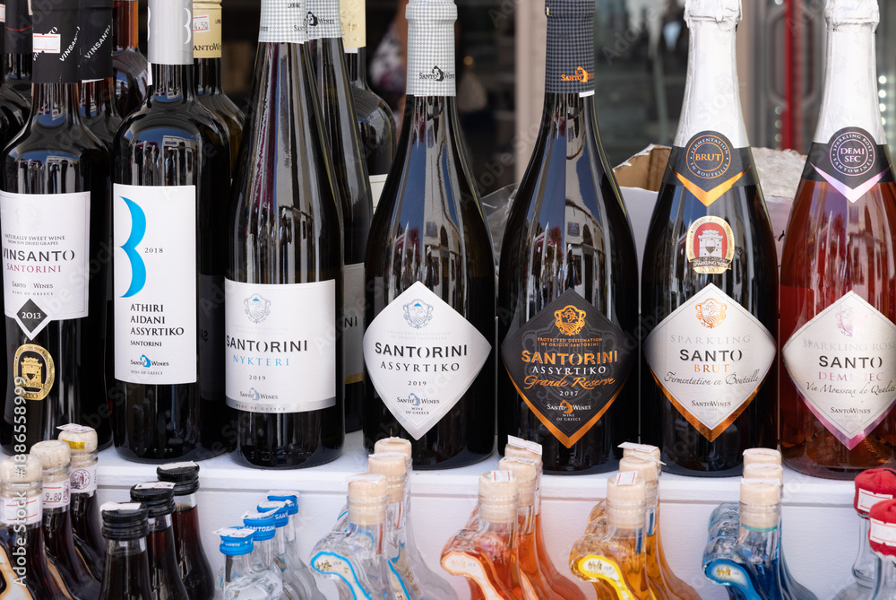 Naklejka premium A selection of Santo wines produced only in Santorini from the Assyrtiko variety