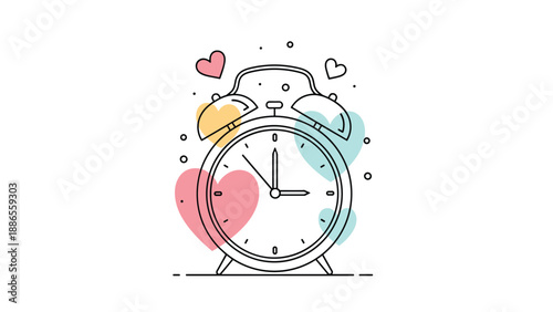 Classic alarm clock icon in black outline with colorful hearts in the background indicating love for morning or time management.