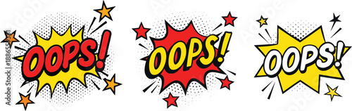 Comic Style Oops Speech Bubble Vector Illustration with Pop Art Halftone Background and Stars