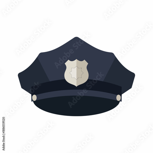 Flat vector illustration of a dark blue police officer's cap with a silver badge on a white background.