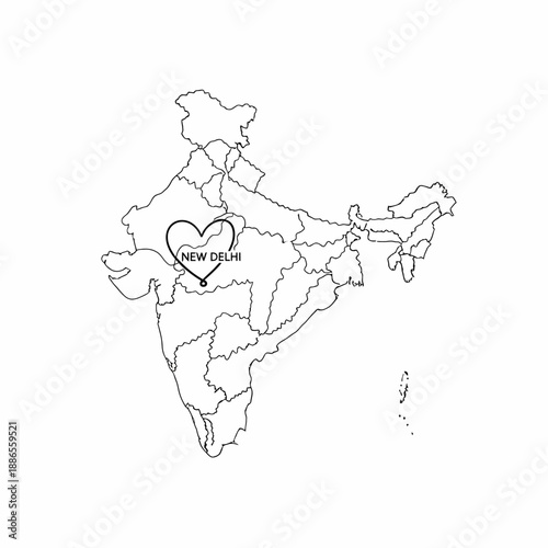 Outline map of India highlighting New Delhi with a heart shape, showing its geographical location within the country's states and territories.